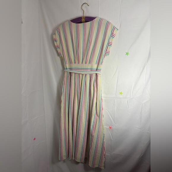 Pastel Striped Short Sleeve Textured Button Down+Tie Modest Femme Dress Size M - Picture 3 of 12